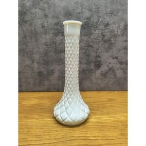 Vintage Hoosier #4092 White Milk Glass Quilted Diamond 9" Tall Flared Bud Vase